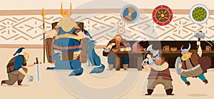 Vikings and scandinavian warriors repast cartoon vector illustration from Scandinavia history mythology comic art. photo