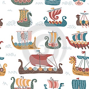 Vikings seamless pattern with drakkar ships, childish scandinavian flat vector background, kids apparel, fabric, textile, nursery