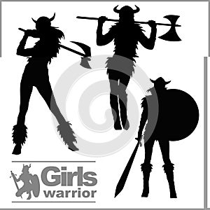 Vikings warriors nordic girl, scandinavian woman in helmet. Vector silhouettes.