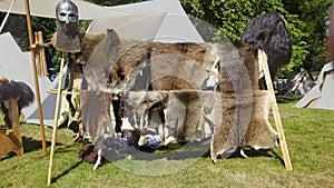 Vikings weaponry and Armour used fighting with swords and shields photo