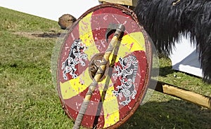 Vikings weaponry and Armour used fighting with swords and shields photo