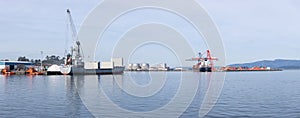 Panoramic view of Cargo Port of Vilagarcia de Arousa, Pontevedra, Spain on a sunny day