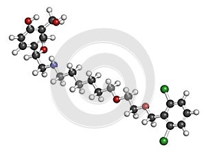Vilanterol COPD drug molecule. Atoms are represented as spheres with conventional color coding: hydrogen (white), carbon (grey), photo