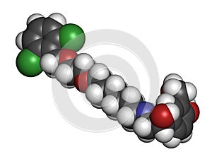 Vilanterol COPD drug molecule. Atoms are represented as spheres with conventional color coding: hydrogen (white), carbon (grey), photo