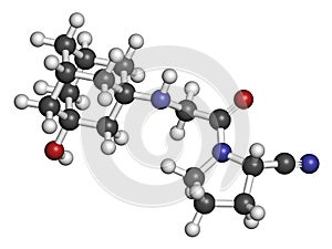 Vildagliptin diabetes drug molecule. 3D rendering. Atoms are represented as spheres with conventional color coding: hydrogen (