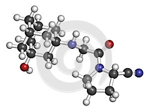 Vildagliptin diabetes drug molecule. 3D rendering. Atoms are represented as spheres with conventional color coding: hydrogen ( photo