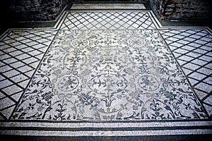 Villa Adriana. White and black mosaics with geometric motifsdecorate the floors of various environments. Rome, Italy