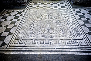 Villa Adriana. White and black mosaics with geometric motifsdecorate the floors of various environments. Rome, Italy