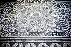 Villa Adriana. White and black mosaics with geometric motifsdecorate the floors of various environments. Rome, Italy