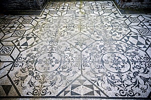 Villa Adriana. White and black mosaics with geometric motifsdecorate the floors of various environments. Rome, Italy