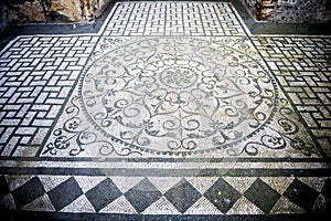 Villa Adriana. White and black mosaics with geometric motifsdecorate the floors of various environments. Rome, Italy