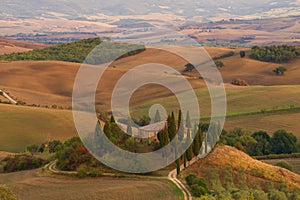 Villa Belvedere in the Tuscan morning landscape. Italy