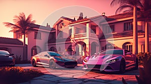 Villa and Luxury cars. Sport cars in courtyard near a luxury villa.