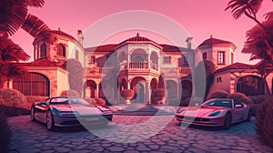 Villa and Luxury cars. Sport cars in courtyard near a luxury villa.