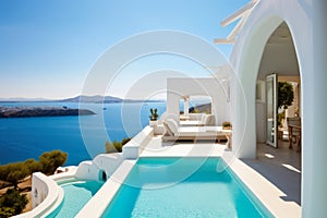 Villa with luxury pool overlooking sea at sunset. Resort hotel on mountain top, scenery of white house and terrace in Greek style