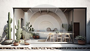 Villa in Mexico, tropical house with dining zone, cactus and swimming pool, Generative AI