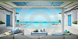 Villa pavilion santorini style with swimmimg pool and sea view.summer concept.