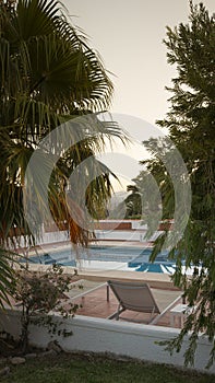 Villa Pool with trees in early evening light