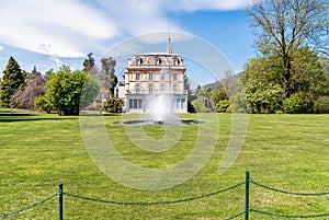 Villa Taranto with a fountain in front, Verbania, Italy.