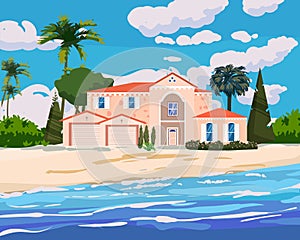 Villa on tropical exotic island coast. Modern luxury cottage, ocean, beach, palms and plants, summertime landscape