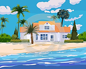 Villa on tropical exotic island coast. Modern luxury cottage, ocean, beach, palms and plants, summertime landscape