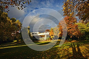 Villa Tugendhat Brno - Czech Republic. Beautiful autumn atmosphere in the park of the villa. Modern architecture of functionalist