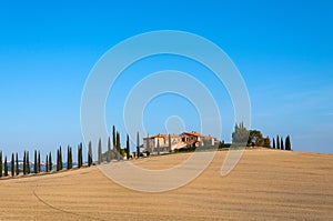 Villa in Tuscany with cypress road or alley in autumn, Valley of Val D`orcha, Italy.