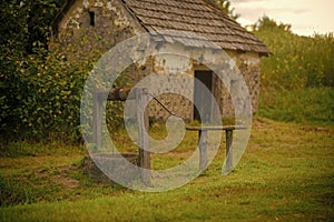 Village with abandoned building