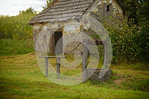 Village with abandoned building