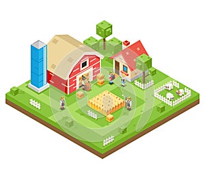 Village Agriculture Farm Rural House Building Isometric 3d Lowpoly Icon Real Estate Garden Symbol Meadow Background Flat