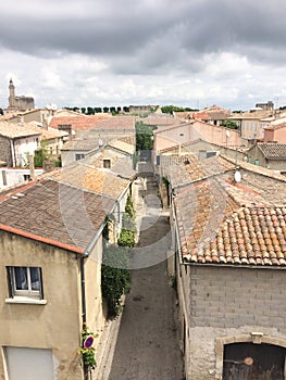 Village of aigues mortes seen from the ramparts on the roofs of the city