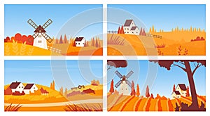 Village autumn landscape with mill, wheat farm field set, agriculture countryside scenery
