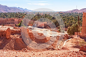 Village on the background of an oasis in the Sahara Desert, Morocco