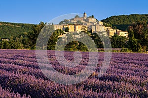 The village of Banon in Provence with lavender fields. Provence, France