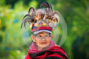 The village of Batad, Philippines March 3, 2015. Close-up portrait of an unknown old woman in national costume Ifugao tribe.