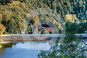 The village behind the dam of the water reservoir