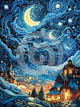 A Village Beneath the Starry Night. Stylized illustration version of Van Gogh\'s painting Starry Night