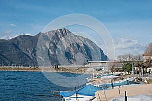 Village of Bissone on the shores of Lake Ceresio near Lugano. Canton Ticino. Switzerland