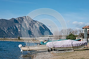 Village of Bissone on the shores of Lake Ceresio near Lugano. Canton Ticino. Switzerland