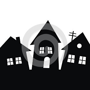 Village, black silhouette of three houses, vector creative illustration