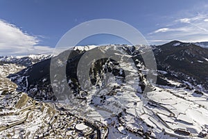 Village of Canillo view from observation deck, in Roc Del Quer trekking trail. photo