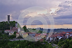 A view of Castellino Tanaro, with its ancient tower, in the Langhe, Piedmont, Italy.