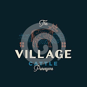 The Village Cattle Purveyors Abstract Vector Sign, Symbol or Logo Template. Hand Drawn Cow Silhouette and Countryside