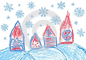 Village christmas landscape in snowfall. Like kids hand drawn crayon or pencil house in falling snowflakes.