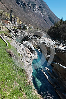 Village and clear Verzasca River in Lavertezzo, Ticino, Switzerland