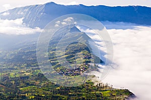 Village and Cliff at Bromo Volcano, Indonesia