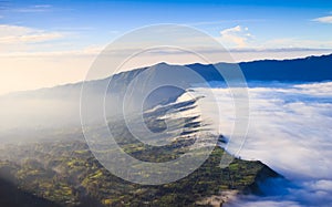 Village and Cliff at Bromo Volcano in Tengger Semeru, Java, Indonesia