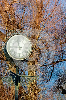 A village clockface is frozen in the winter frost,