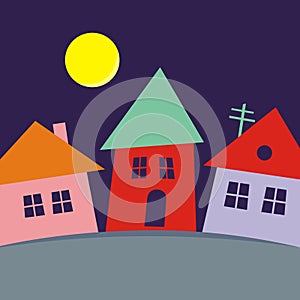 Village, colored silhouette of three houses, vector creative illustration