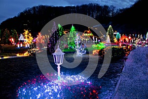 Village in colorful Christmas lights